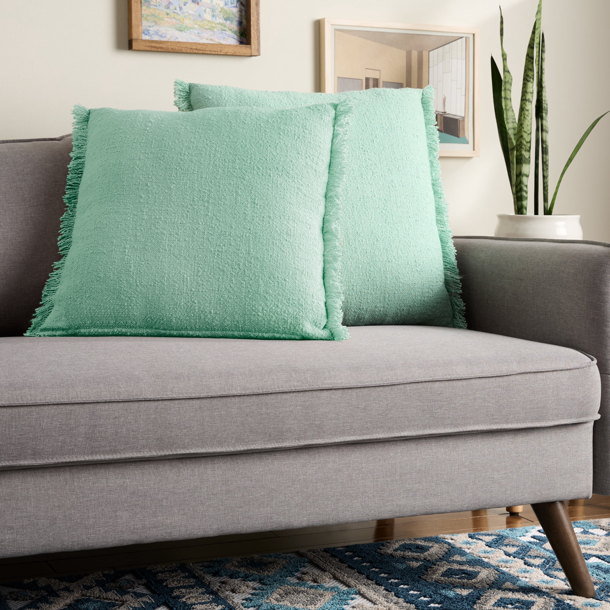 TOWN & COUNTRY EVERYDAY Rio Solid Fringe Handcrafted Indoor Outdoor Decorative Pillow 2-Pack Set , 100% Recycled Materials, UV Fade Resistant, Water Repellent, Sage Green 20"x20"