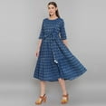 thumbnail image 3 of Janasya Round Neck 3/4 Sleeve Woven Design Blue Cotton Western Dress For Women,Summer Dress/Summer Wear, 3 of 7