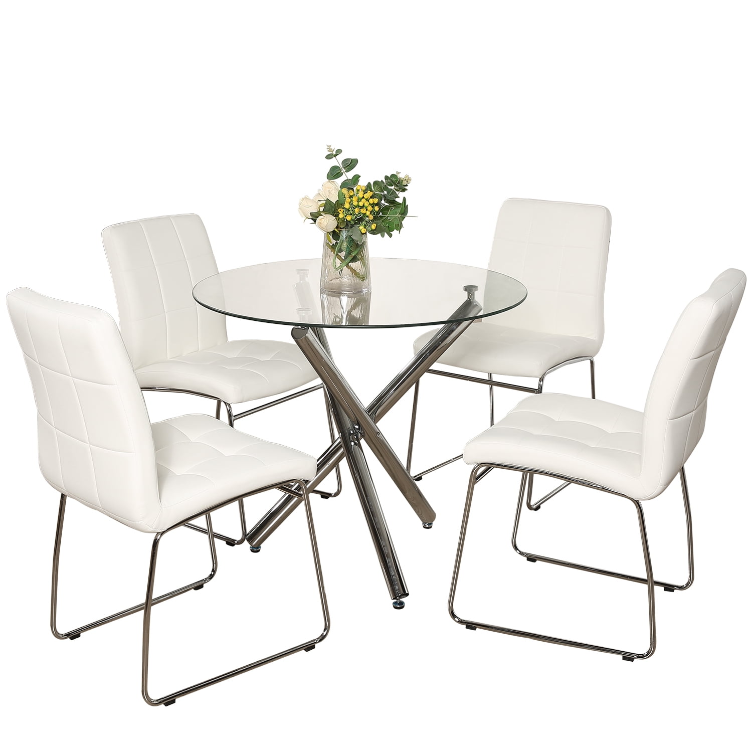 Tempered Glass Kitchen Dining Table, Round Leather Dining Set