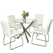 5 Pieces Round Dining Table Set, Tempered Glass Kitchen Dining Table, And 4 Pieces Artificial Leather Chairs, Modern Dining Table Set For Kitchen Furniture (Table + 4 Pieces White Chairs)