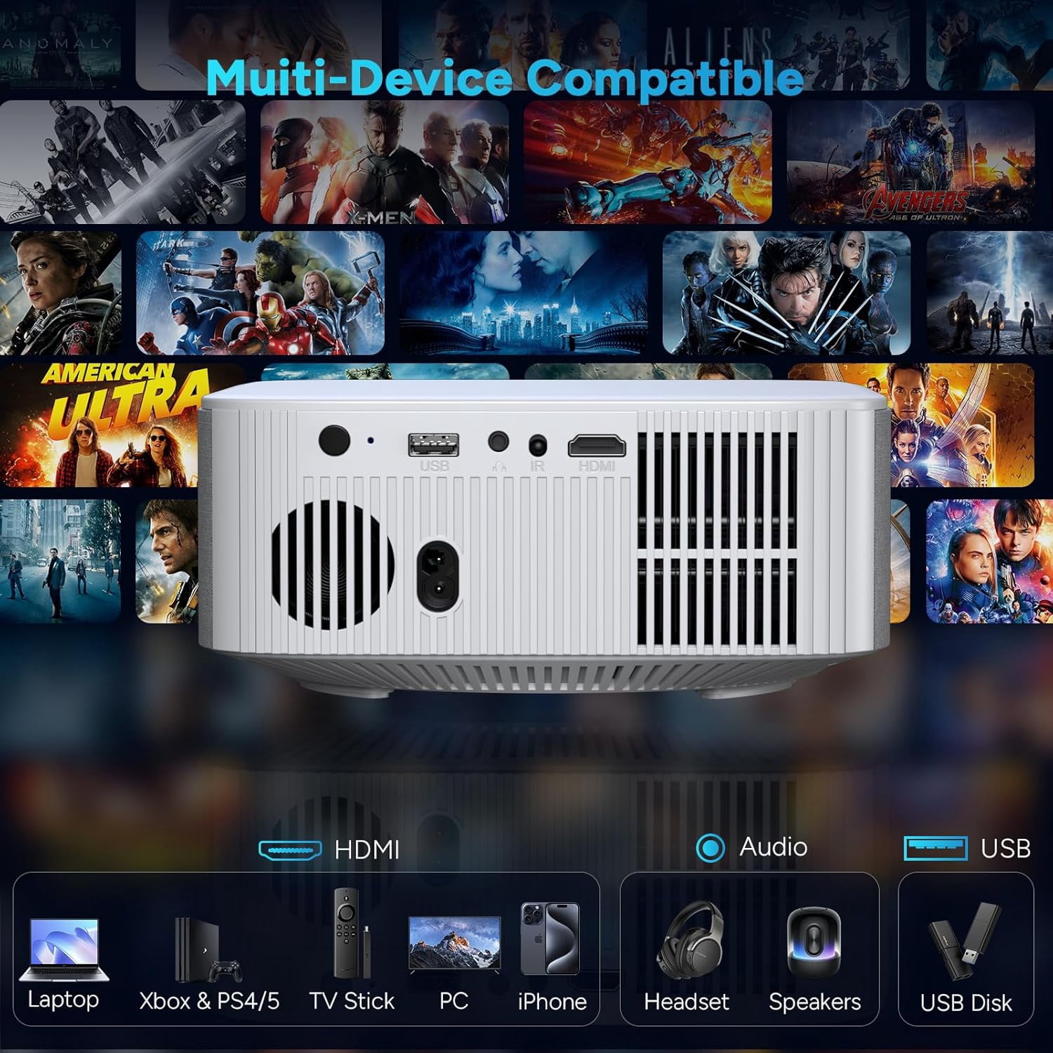 Portable  Projector with Electric , Full HD 1080P,  Movie Projector for Indoor Outdoor Use