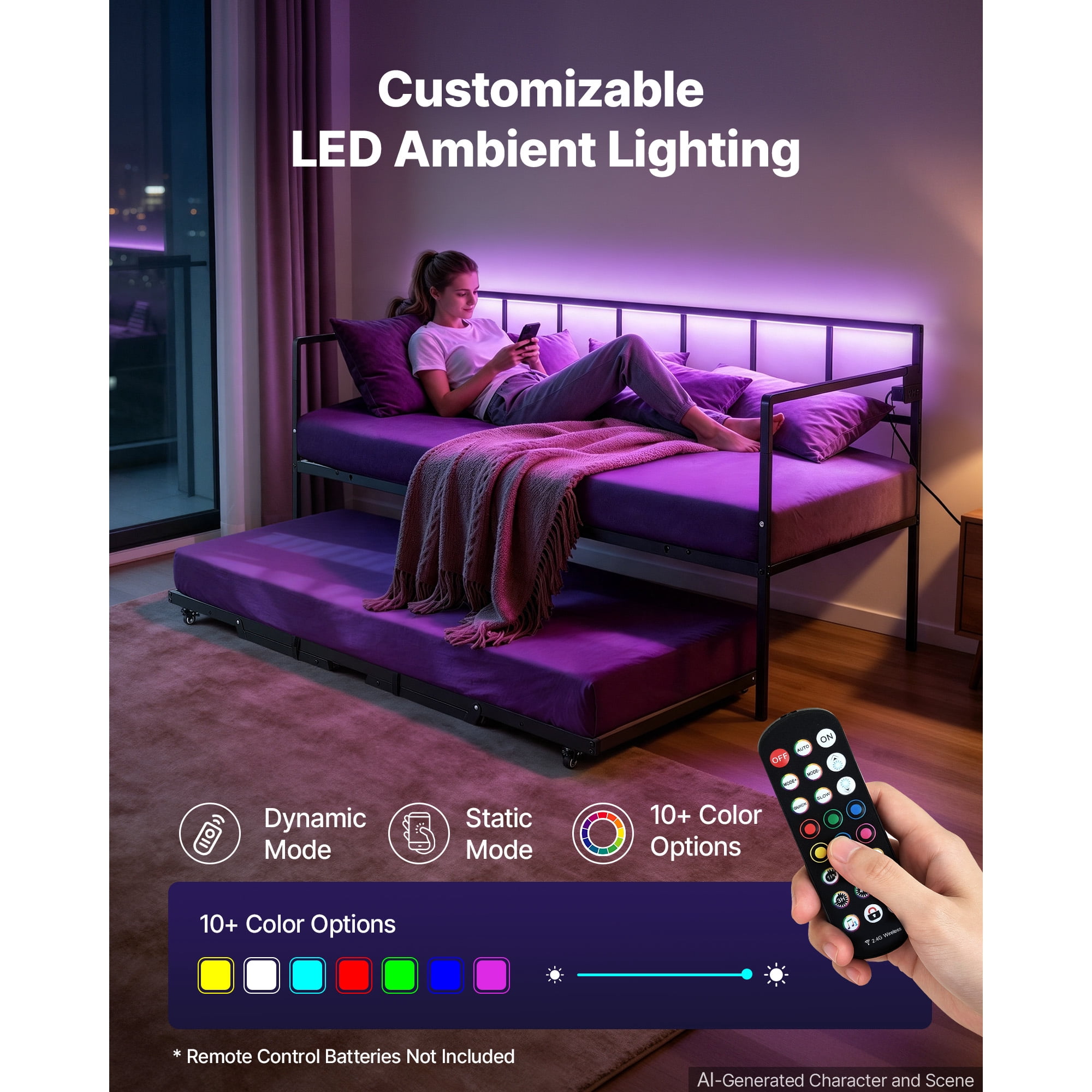 KFFKFF Twin Daybed with Pop-Up Trundle, Metal Frame with Charging Station and LED Light, Ideal for Living Room, Bedroom, Durable Twin Size Sofa Bed Frame, Adjustable Height, Lockable Casters, Black