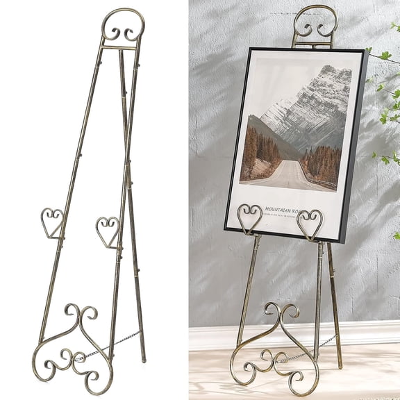 56" Extra Large Adjustable Vintage Floor Easel Stand with Chain Support, Heavy Duty Metal Foldable Display Easel for Wedding Signs Mirrors & Art