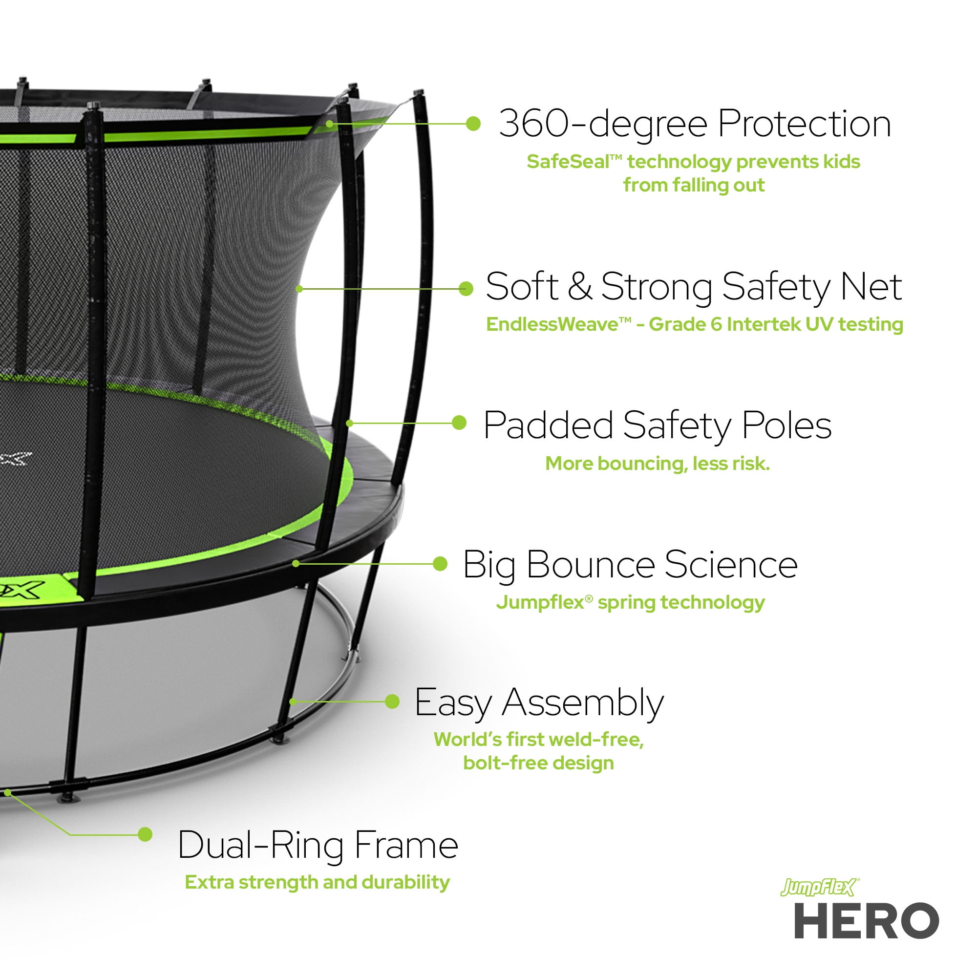 JumpFlex HERO 12' Round Trampoline with Safety Net Enclosure & Net Attachment, Black/Green