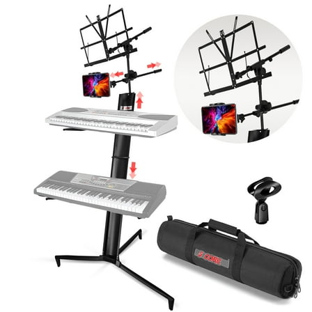 2-Tier Heavy Duty Portable Music Stand – Adjustable Keyboard/DJ Stand with Mic Holder, Tablet Arm & 110lb Capacity, Includes Carry Bag