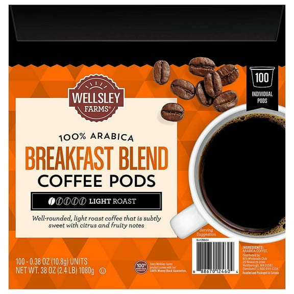 Wellsley Farms 100% Arabica Breakfast Blend Coffee Pods Light roast, 100 ct.