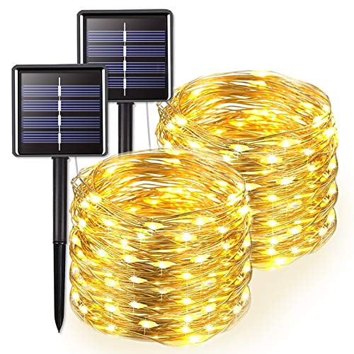 JMEXSUSS String Lights Patio Party 200 LED 65.5ft 2 Pack 8 Modes Solar Powered Waterproof Fairy String Copper Wire Lights for Warm White 200LED Wedding Christmas Bedroom 