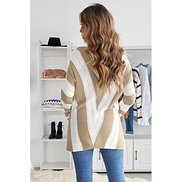 ABPHQTO Jersey de mujer de punto con cuello de pico y rayas color caqui