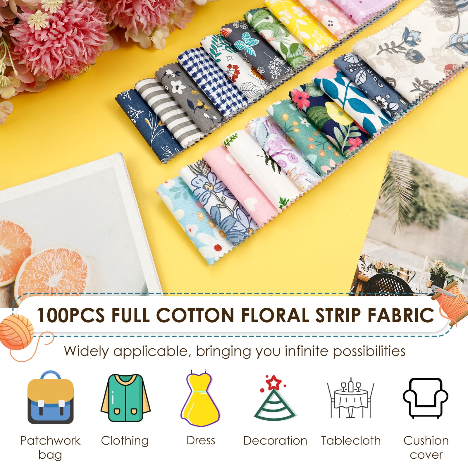 100 Pcs Jelly Roll Fabric Strips for Quilting, Crafting, and Sewing, 100 Strip Assorted Bundle, Soft Cotton for Blanket, Rug, Upholstery, Home Decor, and Purse Making, Cottagecore