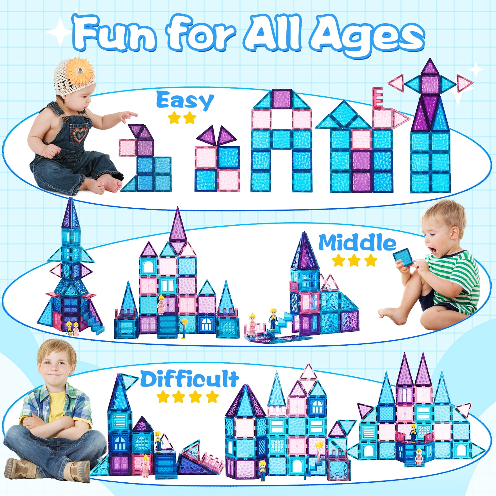 FunMagic Magnetic Tiles, Shining Sparkle Magnetic Toys for Girls 3D Diamond Magnetic Building Blocks with 2 Dolls, STEM Sensory Educational Toys for Toddlers Kids