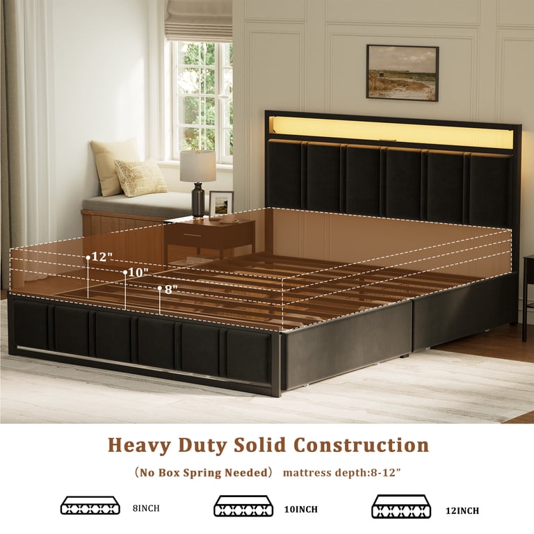 GUNAITO Queen Bed with Storage Drawers, LED Lights & Charging photo 5