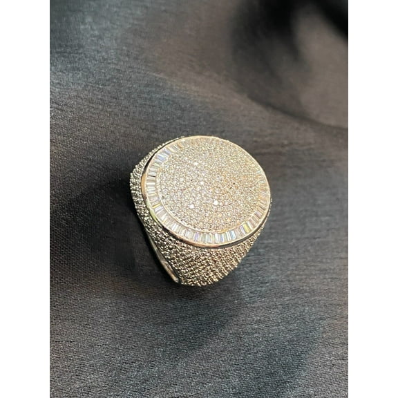 Pave 5.90 Cts Round Baguette Cut Genuine Diamonds Large Hip-Hop Ring In 14K White Gold