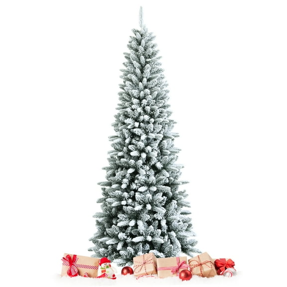 Topbuy 7.5FT Slim Snow-Flocked Christmas Tree Hinged Pencil Tree W/ 1189 Branch Tips Premium PE & PVC