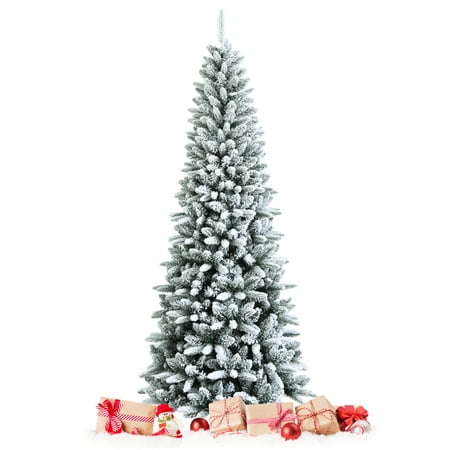 Topbuy 7.5FT Slim Snow-Flocked Christmas Tre Hinged Pencil Tree W/ 1189 Branch Tips Premium PE & PVC