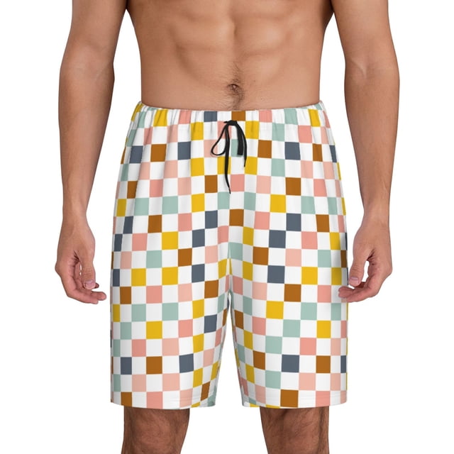 Balery Colorful Checkered 1 Pantalones cortos de pijama de punto de algodón para hombre con cinturilla y bolsillos-XX-Large