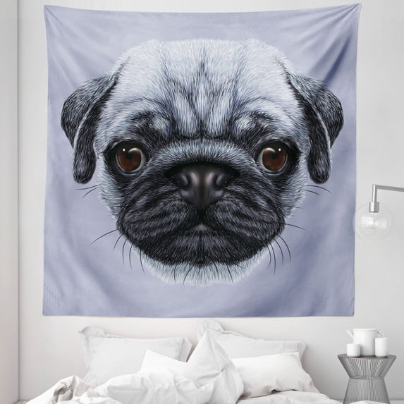 Pug Tapestry, Realistic Style Detailed Young Dog Giant Eyes Pure Breed Pet Blue Backdrop, Fabric Wall Hanging Decor for Bedroom Living Room Dorm, 5 Sizes, Slate Blue, by Ambesonne