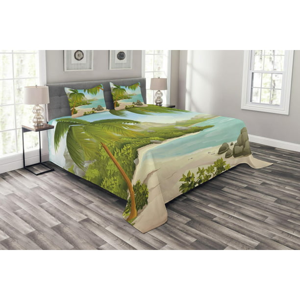 Tropical Bedspread Set Exotic Beach With Coconut Palm Trees And