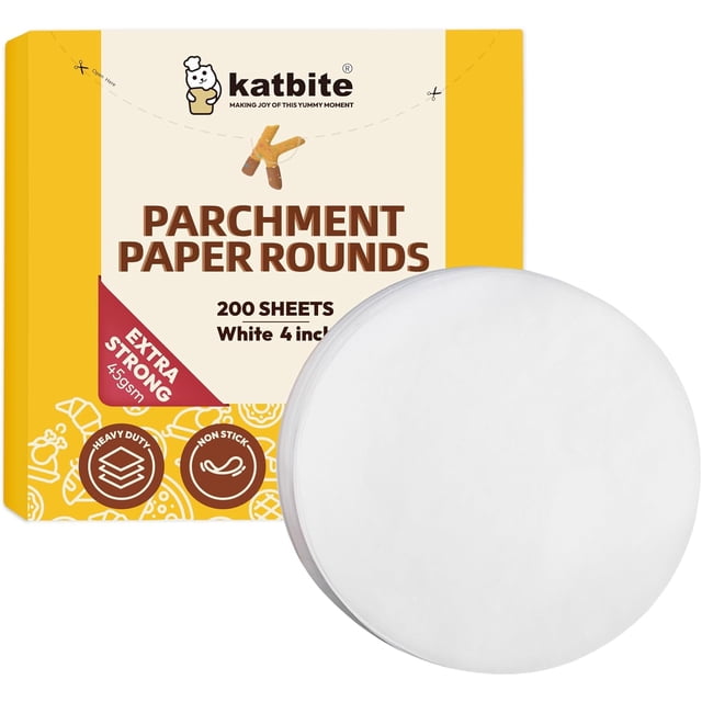 Katbite 4 Inch 200Pcs Parchment Paper Rounds Heavy Duty 45gsm (8 Sizes 4\u201d-12") - Patty Paper for Burgers & Sliders - Pre-Cut Baking Sheets - White