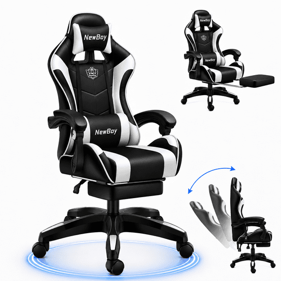 JaxShark Ergonomic Gaming Chair with Headrest and Lumbar Support for Adults Teens, High Back Reclining PU Leather Modern Black