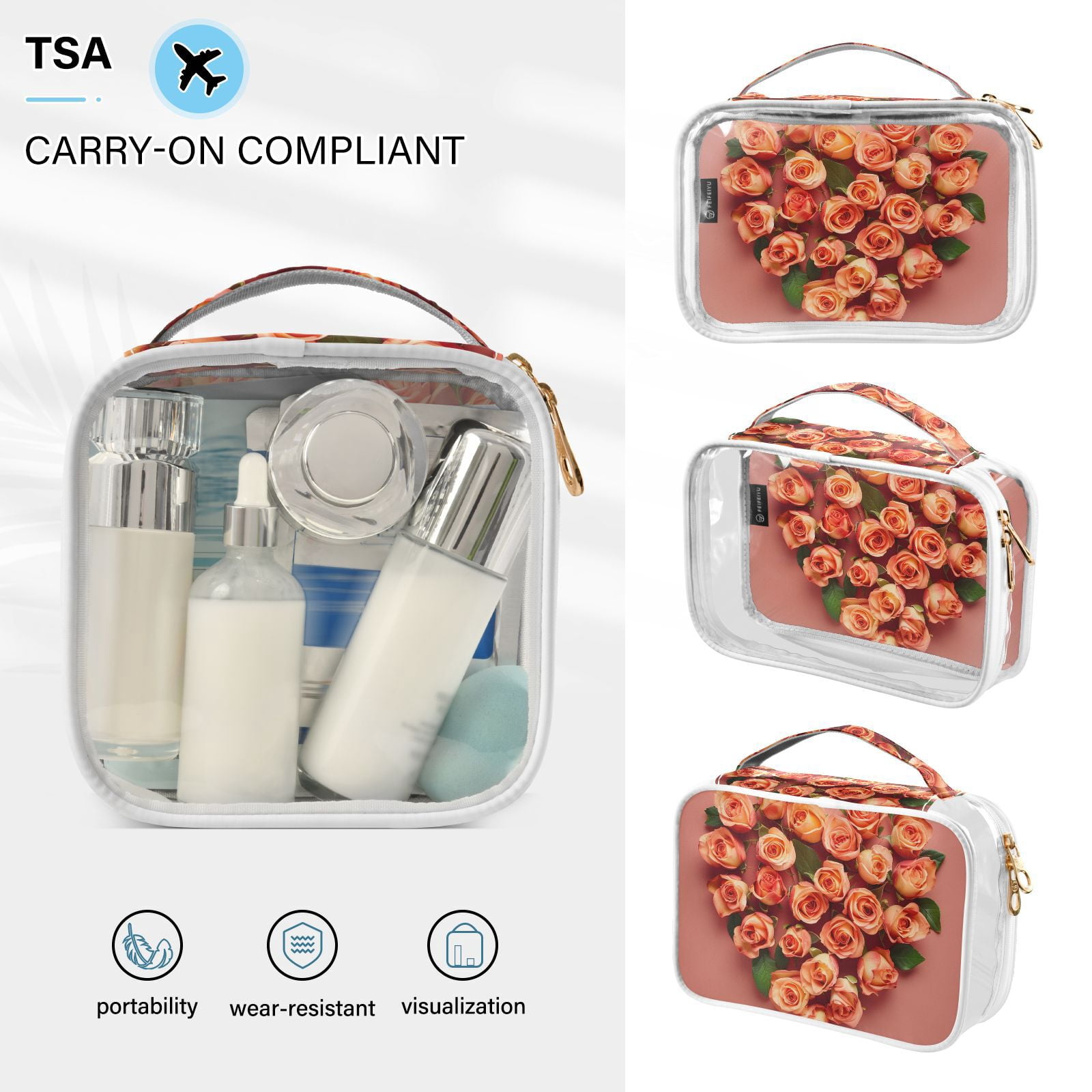 Clear Makeup Bags with Handle Large Opening 2 Pack Set Toiletry Bag Quart Size Bag, for Women Man Traveling Travel Essentials, Toiletries and Other. Roses Heart Shape