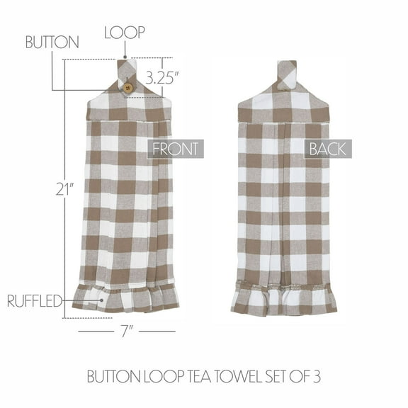 VHC Brands Cotton Annie Buffalo Check Portabella Button Loop Kitchen Towel Set of 3, Hanging Kitchen Towel, Pleated, Bath, Kitchen, Annie Buffalo Check Collection, Rectangle 21x7, Portabella