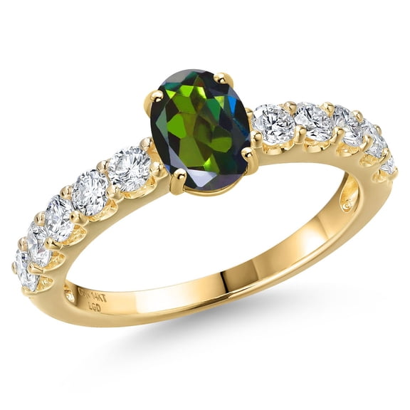 Gem Stone King 14K Yellow Gold Tourmaline Green Mystic Topaz and Lab Grown Diamond Engagement Ring for Women | 1.45 Cttw | Oval 7X5MM | Gemstone November Birthstone | Size 9