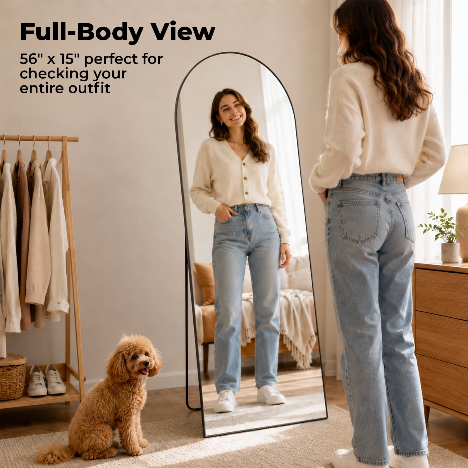 Alvantor Full Body Mirror 56"x15" with Stand, Shatterproof HD Glass, Aluminum Frame