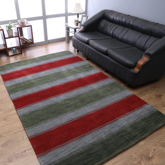 Rugsotic Carpets Hand Knotted Wool Area Rug 5'x8' Green Blue Contemporary Rectangle Indoor Rug for Living Room, Bedroom Antimicrobial L00214