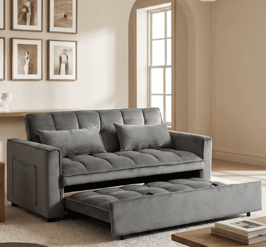 BSHTI 3 in 1 Modern Velvet Loveseat Sofa Bed-3-Position Adjustable Convertible Sleeper, Side Storage Pockets, Square Tufted, Easy Assembly, for Small Space Apartment,Medium Gray