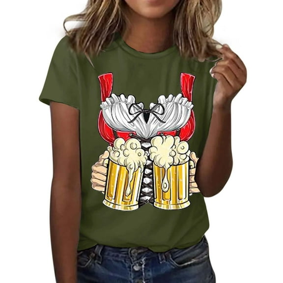 HCURIBAD Graphic Tees for Women, Women's Fashion Casual Oktoberfest Clothing Printed Round Neck Short Sleeve Top Funny Tshirts Beer Shirts for Women Oktoberfest Outfits Women Army Green L