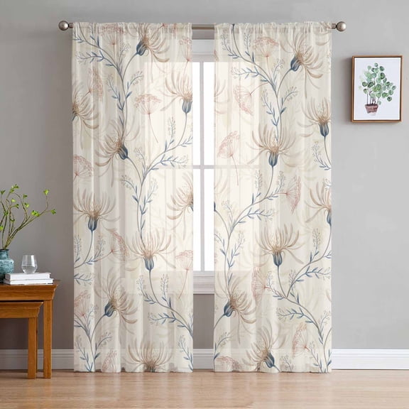 ERUNPONLY Beige Flowers Sheer Curtains 96 Inch Length 2 Panels Set, Watercolor Farmhouse Botanical Floral Voile Window Treatment Sheer Long Curtains Drapes for Bedroom/Living Room/Kitchen 52"x96"x2