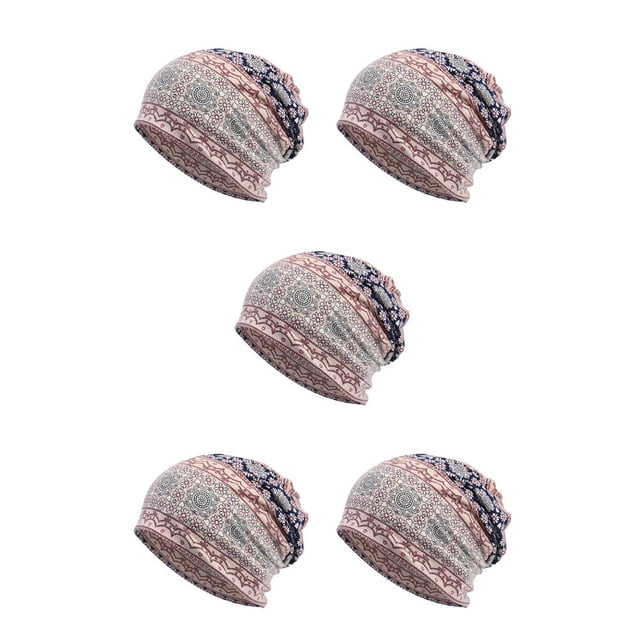 Tuque Style Bohème Hijab Imprimé Floral Turban Protection des Oreilles Bonnet Bleu Ensemble de 5