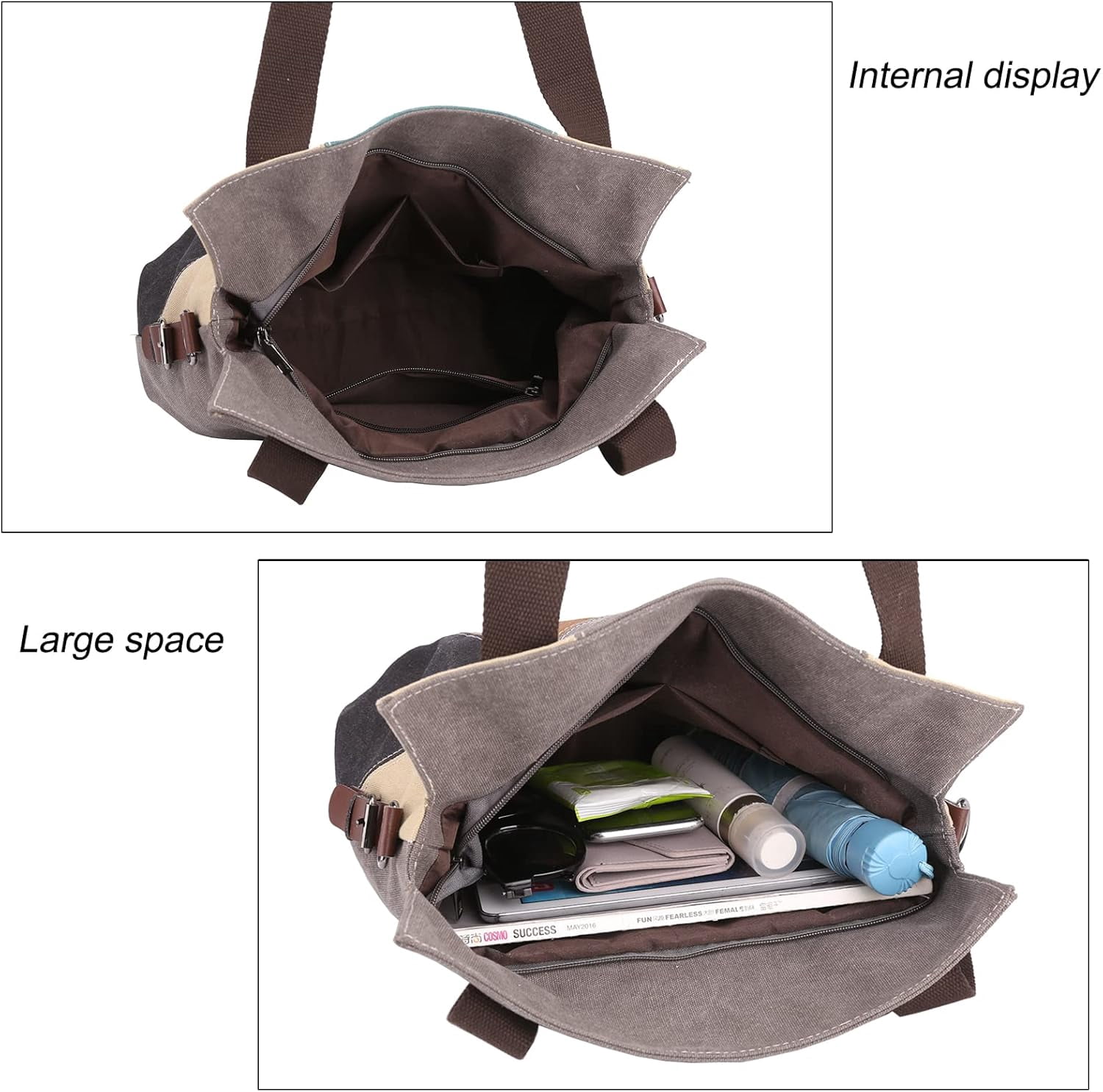Women's Canvas Tote Purse for Work,Medium Casual Multi Pocket Crossbody Tote Bag with Shoulder Strap