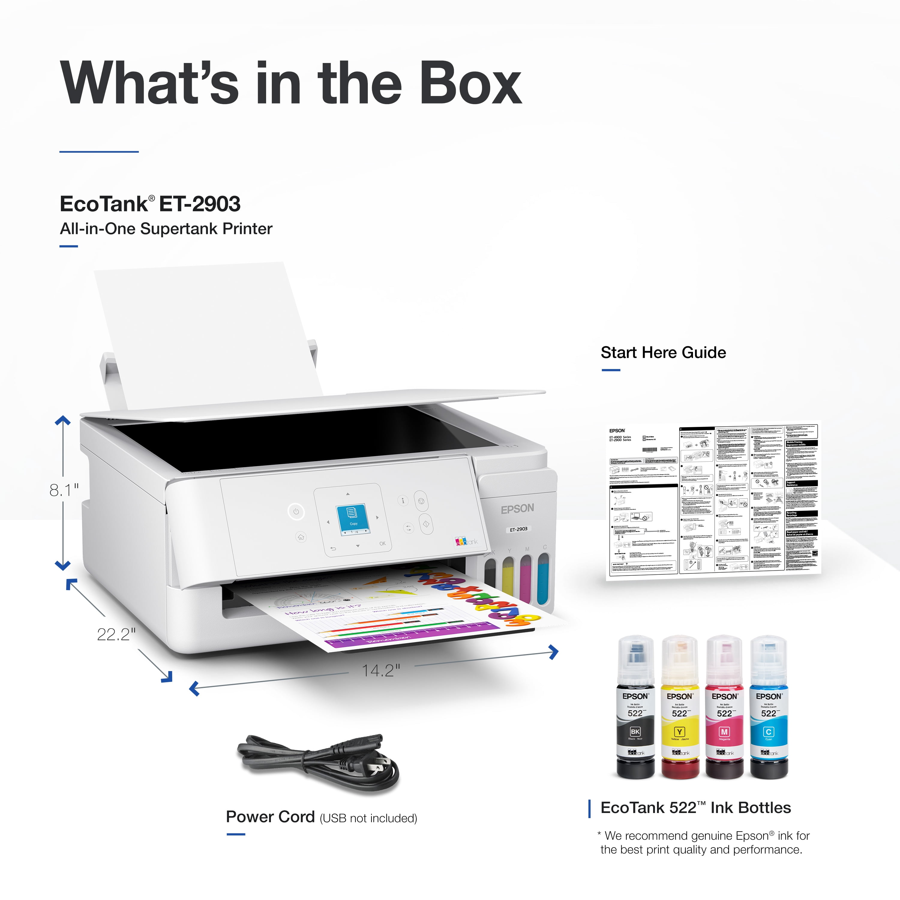 Epson EcoTank ET-2903 Wireless All-in-One Color Supertank Printer with up to 3 Years of Ink, Refillable Tanks, Perfect for Home, 11 PPM, 1.44" Color Screen, Built-in Scanner – White
