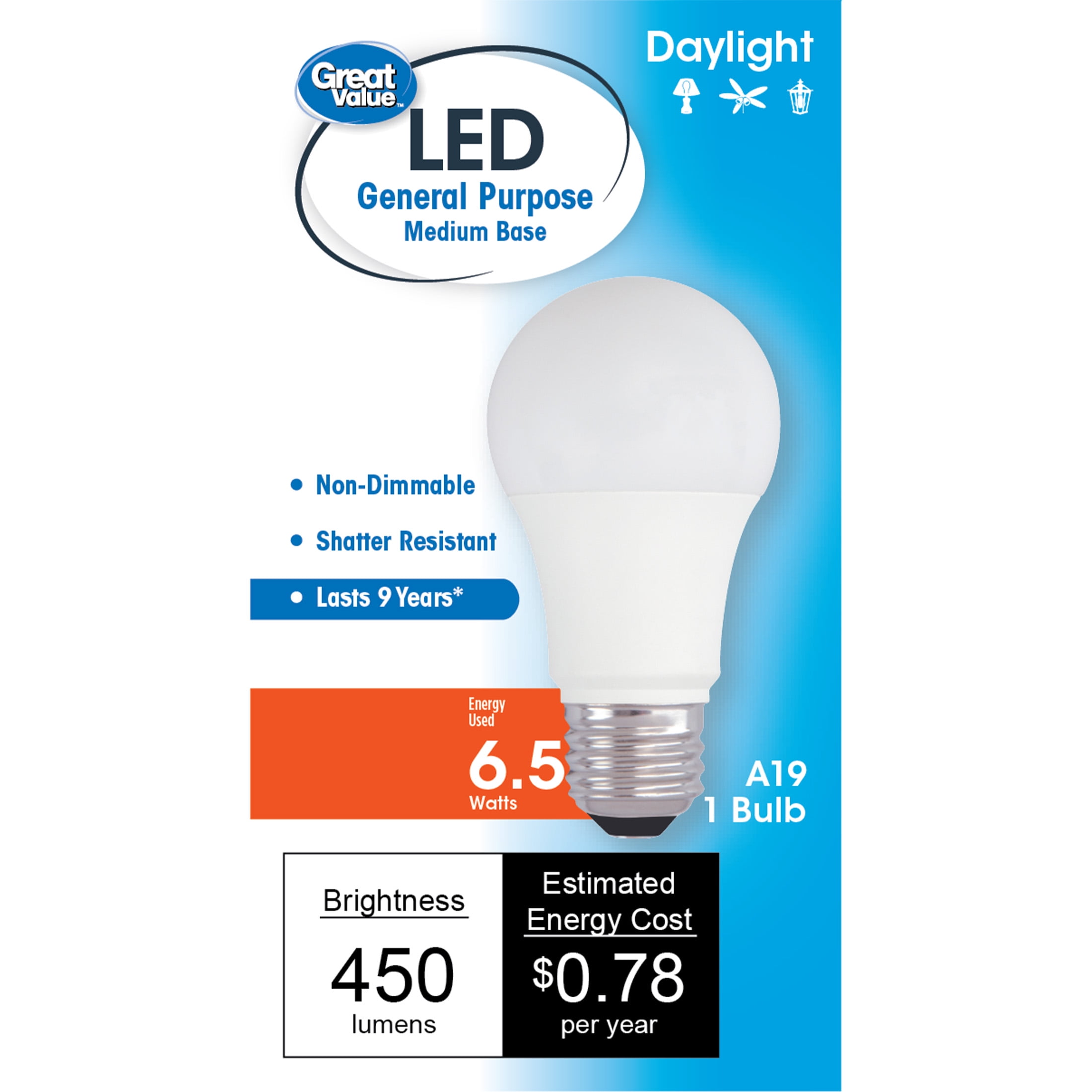 Great Value LED Light Bulb, 6.5W (40W Equivalent) A19 General Purpose Lamp E26 Medium Base, Non-dimmable, Daylight, 1-Pack