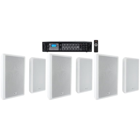 Rockville 6-Zone 70v Amplifier (6) Slim White Restaurant/Bar/Cafe Wall Speakers