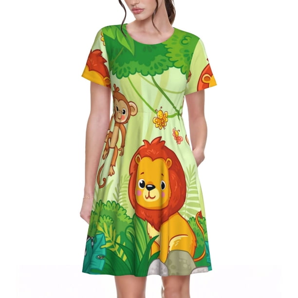 Easygdp African Animals in the Jungle para Vestido Transpirable de Mujer, Vestido Suelto de Manga Corta con Pliegues y Bolsillos para el Verano
