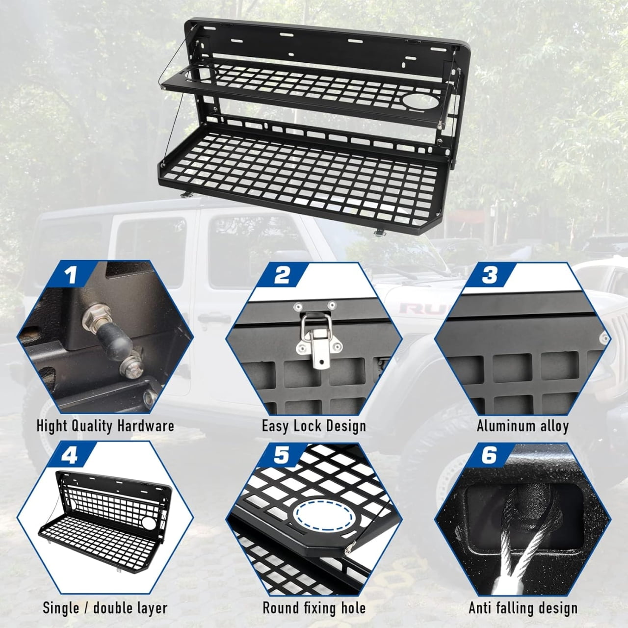 2-Tier Foldable Tailgate Table with Cargo Rack for Jeep Wrangler JK JL 4-Door Models 2007-2022, Rear Mount Camping Desk Storage Solution for Outdoor Adventures