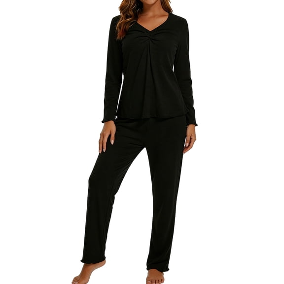MecTo Women Pajamas Sets, Lady Solid V-neck Long-Sleeved PJ, 2 piece, Size M