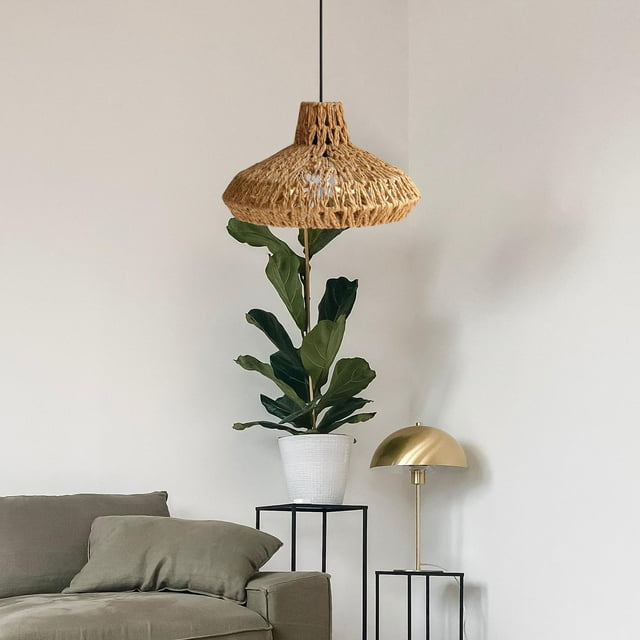 Boho Pendant Lamp Shade Simulation Rattan Hanging Light Fixture Chandelier Cover
