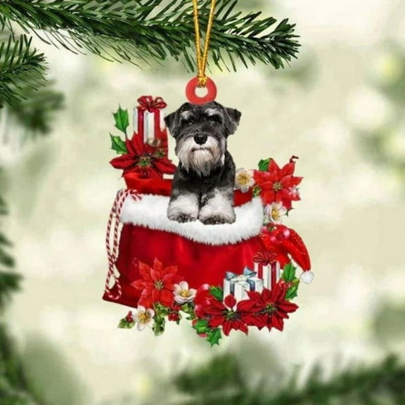 Acrylic 2D FLAT - Schnauzer In Gift Bag Christmas Ornament - Holiday Tree Decoration