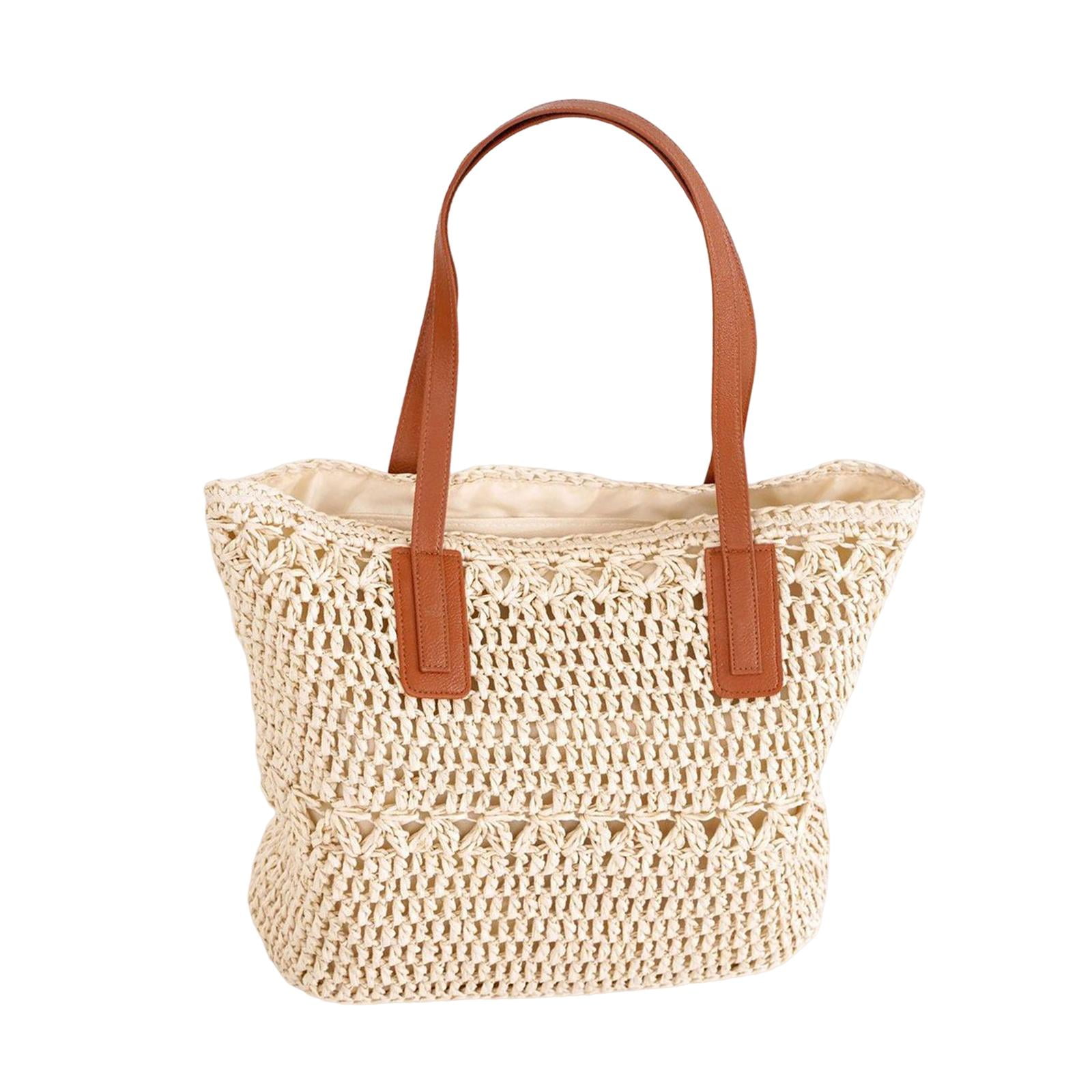 Yinanstore Women Straw Woven Handbag Handwoven Boho Top Handle Satchel Purse with Zipper Tote for Travel Vacation Beach Summer beige Walmart
