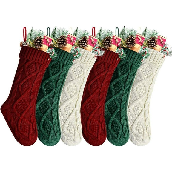 6 Packs Christmas Stockings,18 Inches Large Cable Knitted Stocking Personalized Xmas Hanging Stocking Decorations for Holiday Christmas Party Family Decor (Red White Green)