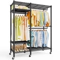 thumbnail image 1 of Exenoray 745lbs Double Rod Rolling Closet, Heavy Duty Metal Clothing Rack with 6 Wheels, 4-Tier Adjustable Shelving & 3 Hanging Rods, Black Organizer, 1 of 7