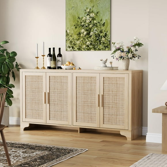 EDTara 62 Inch Rattan Sideboard Buffet Cabinet, 4-Door Kitchen Storage Cabinet with Shelves, Farmhouse Accent Buffet Sideboard, Console Table for Living Room, Entryway