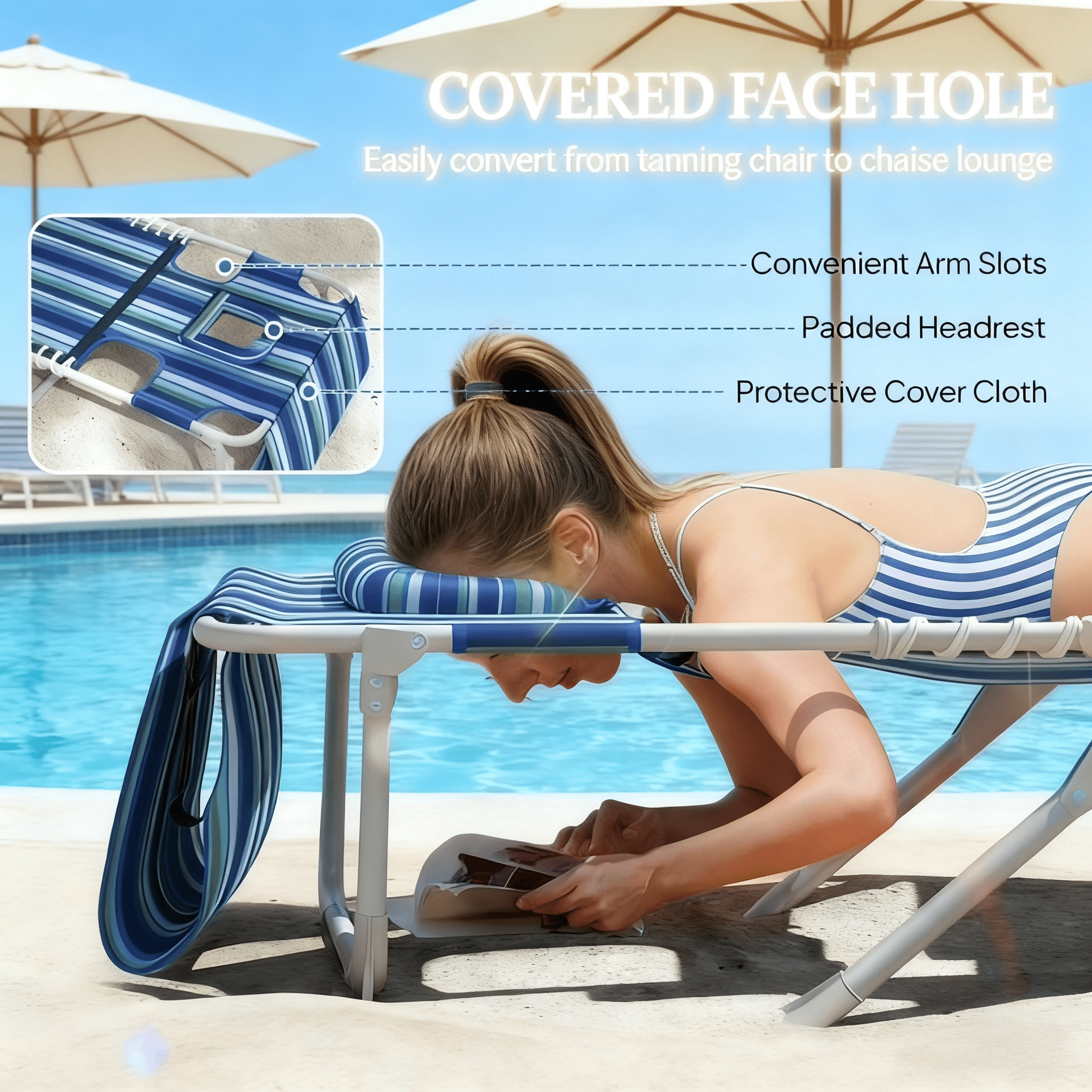 4-Piece Outdoor Lounge Set 2 Pool Loungers & 2 Folding Side Tables 5-Position Adjustable Backrest Face & Arm Holes Beach Chairs with Carry Strap