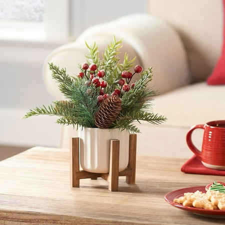 Mainstays 11" Decorative Tabletop Christmas Artificial Tree with Red Berries & Pine in White Ribbed Ceramic Planter on Wooden Stand