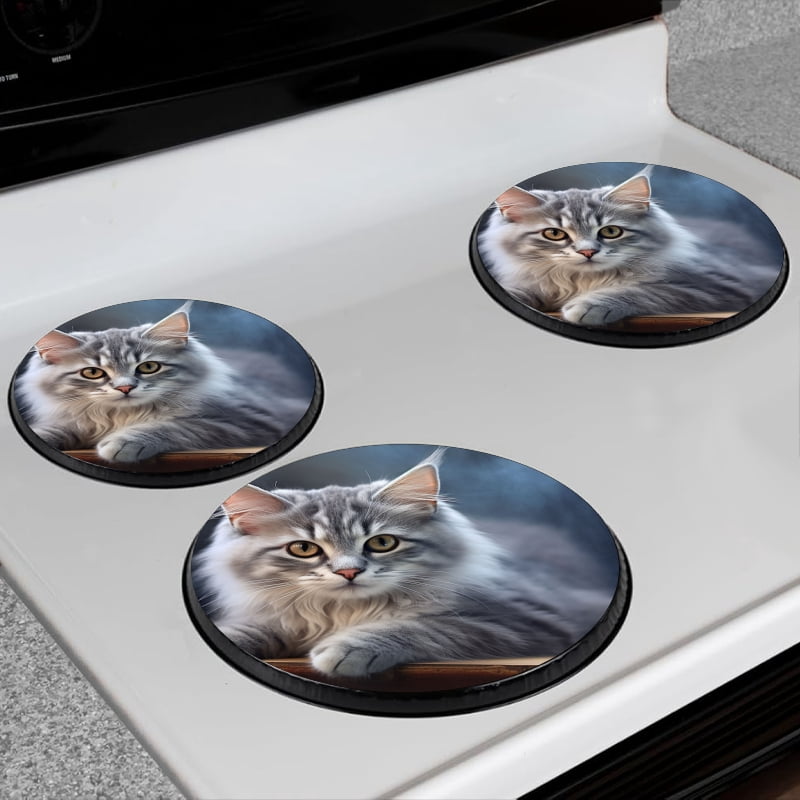 BaHomeck Electric Stove Burner Covers Set of 4,Round Metal Gas Stove Burner Covers 8 Inch and 10 Inch,Kitchen Decor,Grey Maine Coon Cat With White Paws And Face