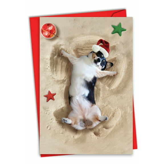 1 Funny Christmas Card with Envelope - Holiday Sand Angels Dog C6844FXSG