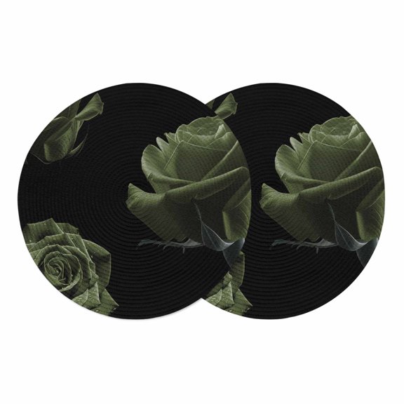Sage Green Rose Round 15 Inch Placemats Set of 2, Vintage Abstract Garden Flower Floral Black HeatResistant Non Slip Place Mats for Dining Table, Wipeable Braided Kitchen Table Mats for Housewarming